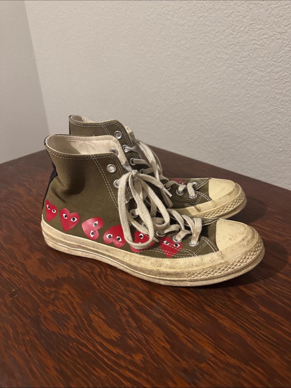 CDG Converse Olive Green High-Top Sneakers with Red Heart Graphics